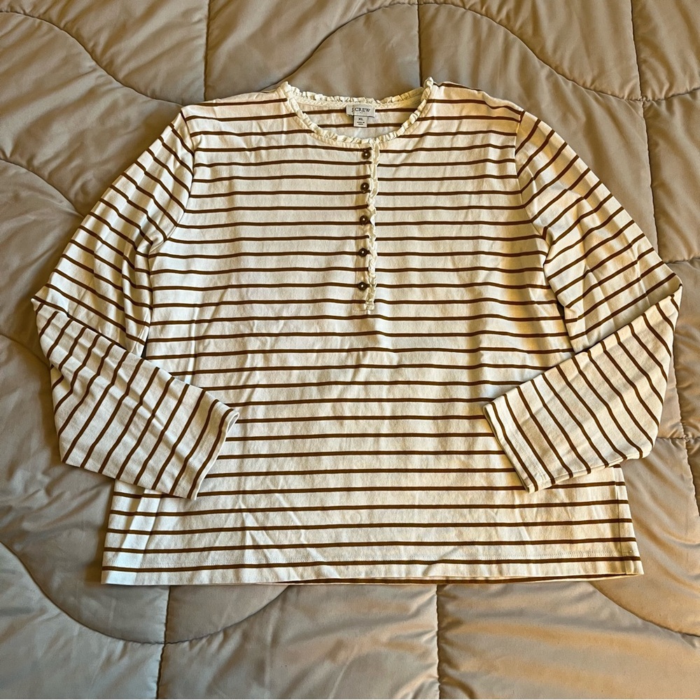 J. Crew Striped Ruffle-Collar Henley Long Sleeve Shirt